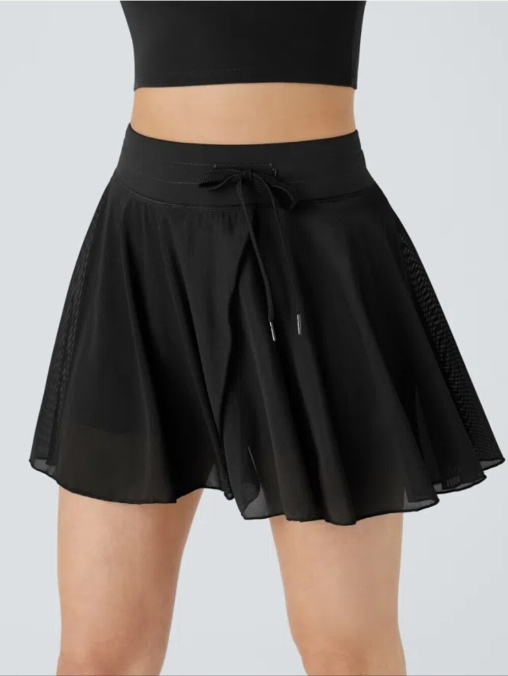 High Waisted Drawstring Contrast Mesh 2-in-1 Pocket Flowy Mini Flare Casual Skir